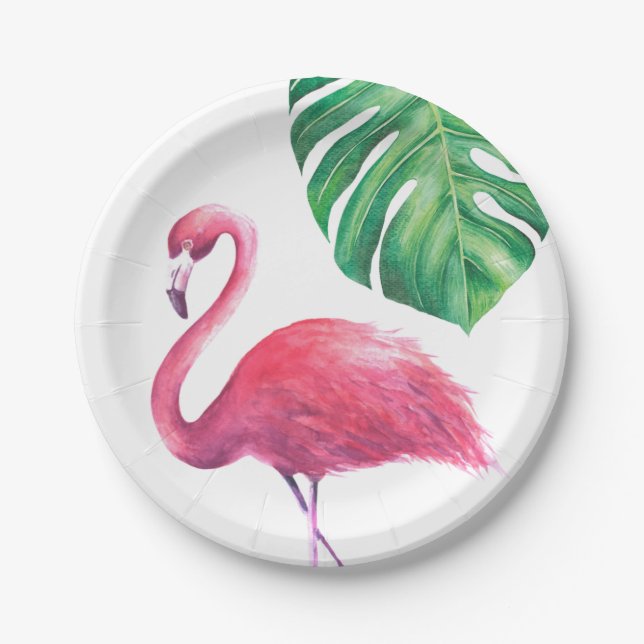 Assiettes En Carton Plaques de fête Feuille Flamant rose et Tropical (Devant)