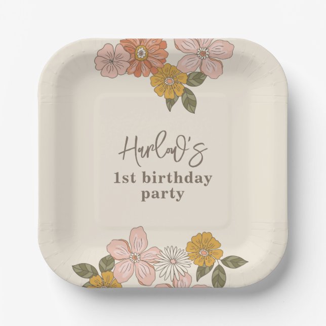 Assiettes En Carton Plaques de fête florale rétro simple (Recto)