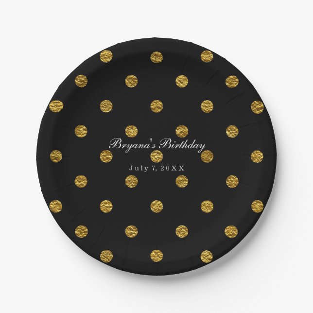Assiettes En Carton Plaques de fête Pois Black & Gold Faux (Devant)