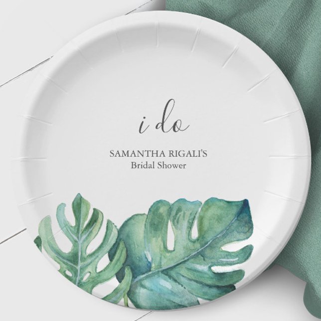 Assiettes En Carton Plaques de Fêtes des mariées jetables Feuilles de  (bridal shower custom paper plates I do watercolor monstera palm leaf art by Victoria Grigaliunas )