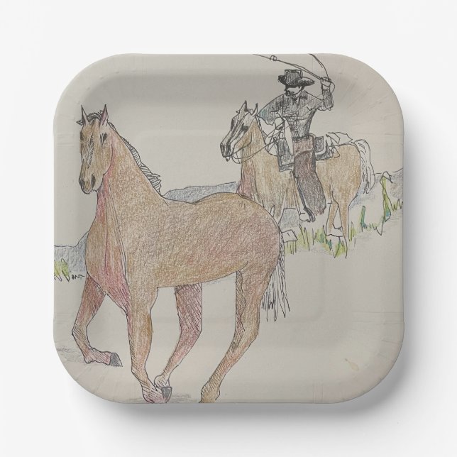 Assiettes En Carton Plaques de la fête Carré Cowboy (Recto)