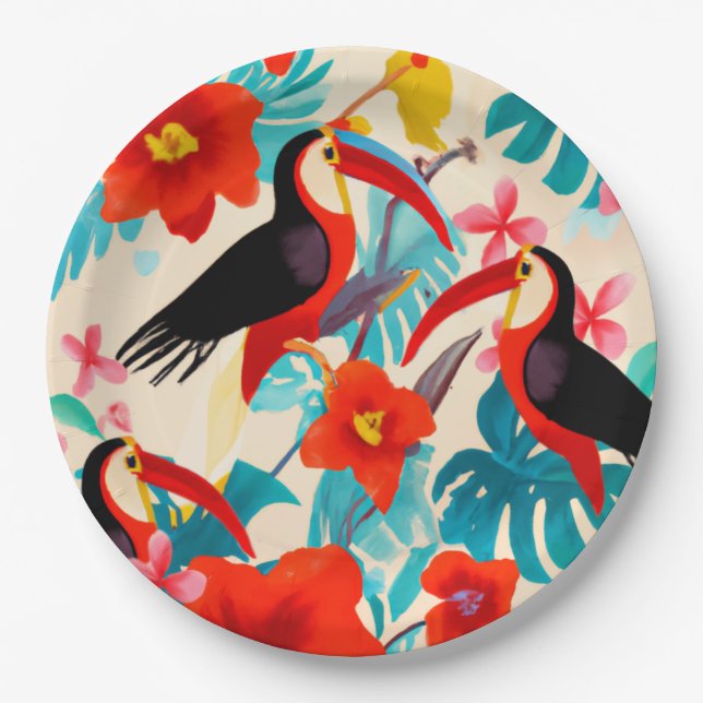 Assiettes En Carton Plaques de la partie papier des Toucans tropicaux (Devant)