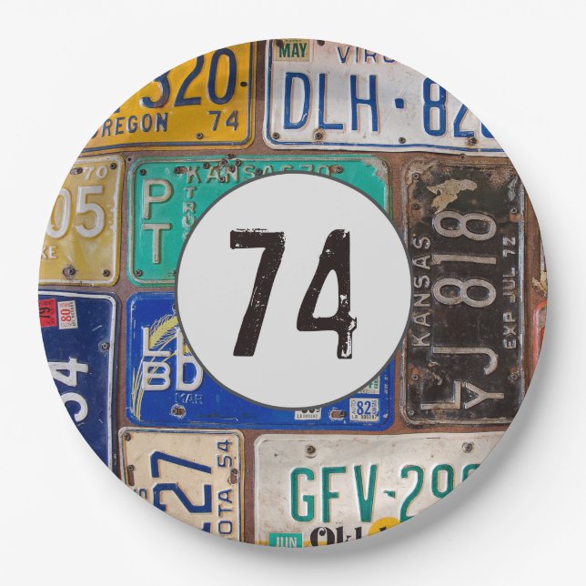 Assiettes En Carton Plaques de licence rouillées 74e anniversaire (Devant)