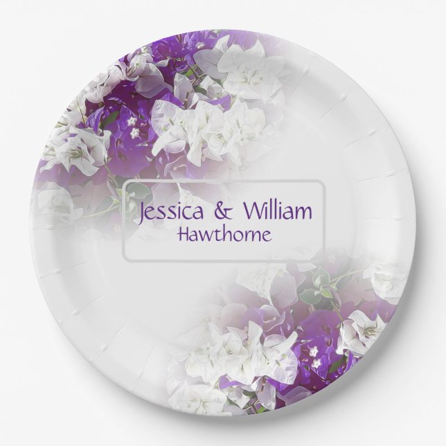 Assiettes En Carton Plaques de Mariage en papier violet blanc floral (Devant)