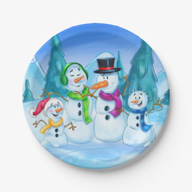 Assiettes En Carton Plaques de Noël de Snowman et de famille (Devant)