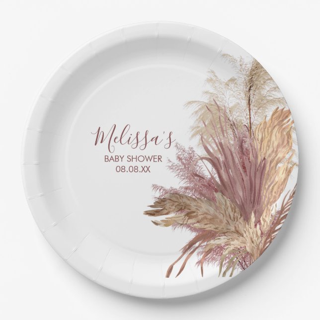 Assiettes En Carton Plaques de papier Aquarelle Pampas Grass Mauve ros (Devant)