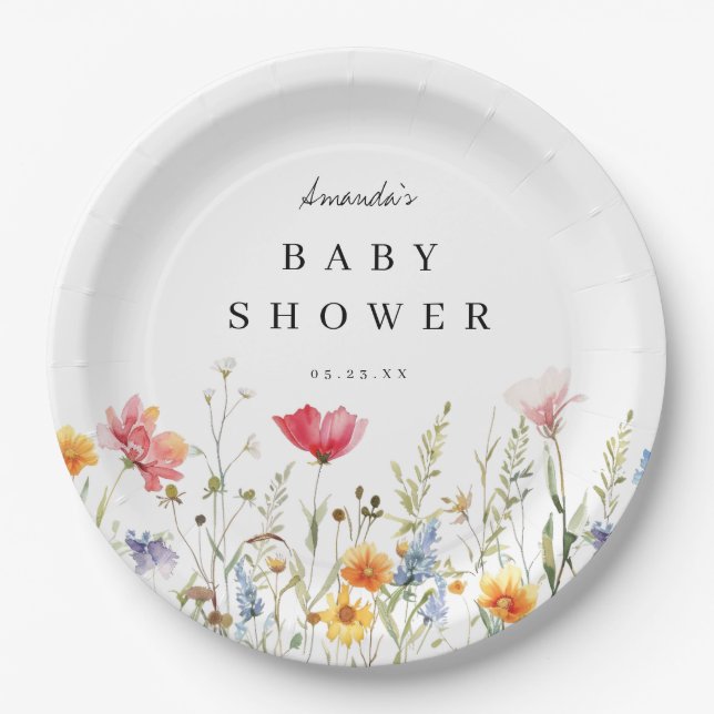 Assiettes En Carton Plaques de papier Baby shower Fleur sauvage aquare (Devant)