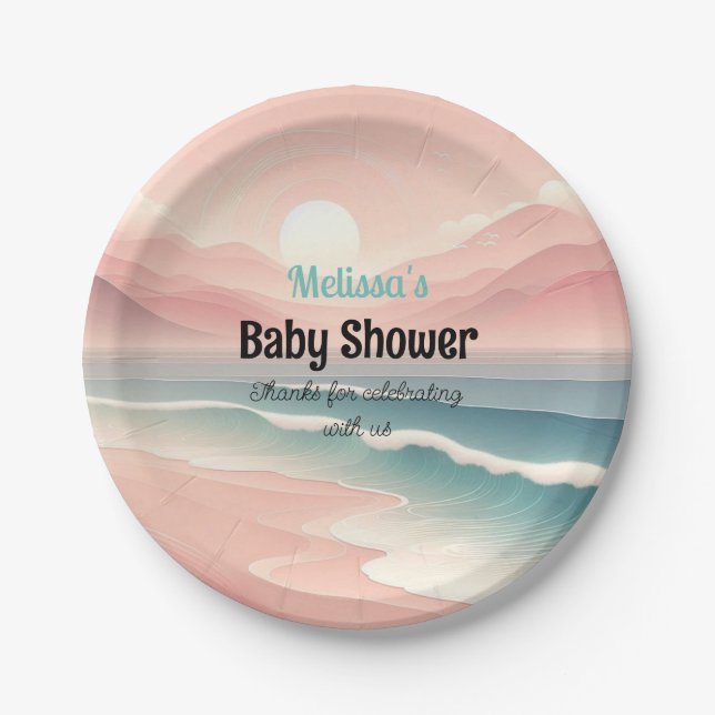 Assiettes En Carton Plaques de papier Baby shower rose Sunset Rolling  (Devant)
