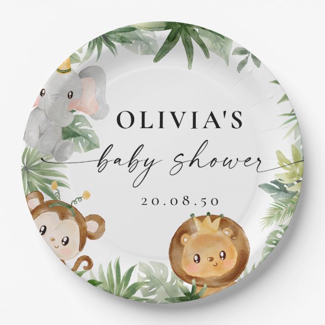 Assiettes En Carton Plaques de papier Baby shower Safari Animaux (Devant)