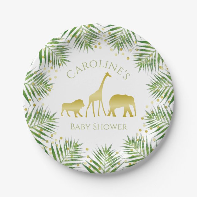 Assiettes En Carton Plaques de papier Baby shower Tropical Gold Safari (Devant)