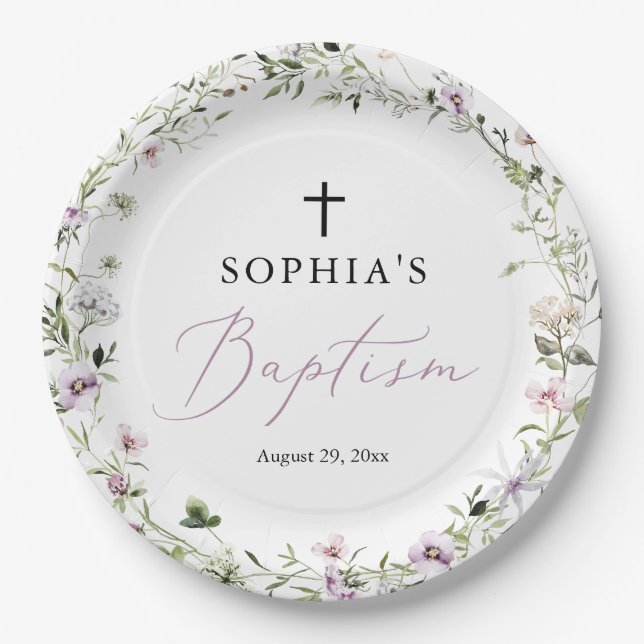 Assiettes En Carton Plaques de papier Baptême Fleur sauvage personnali (Devant)
