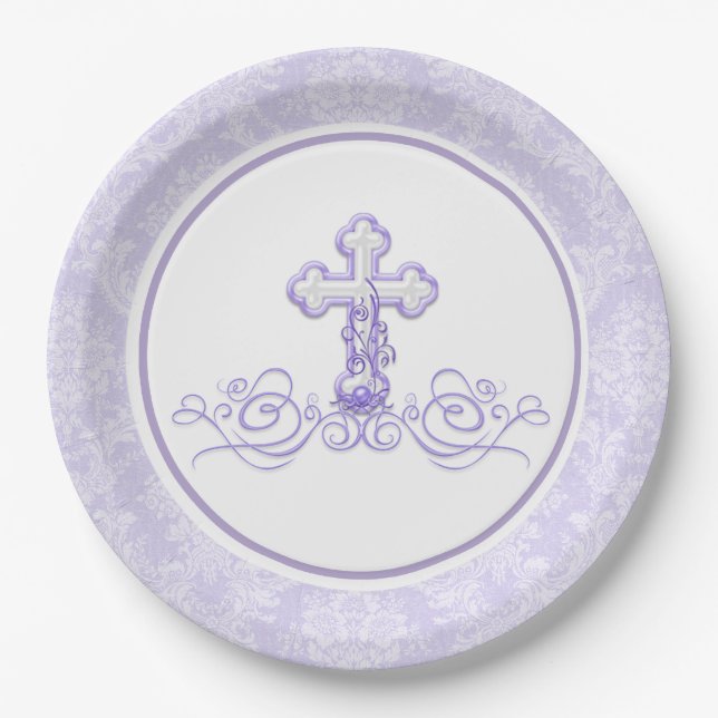 Assiettes En Carton Plaques de papier Baptême pourpre de la fille (Devant)