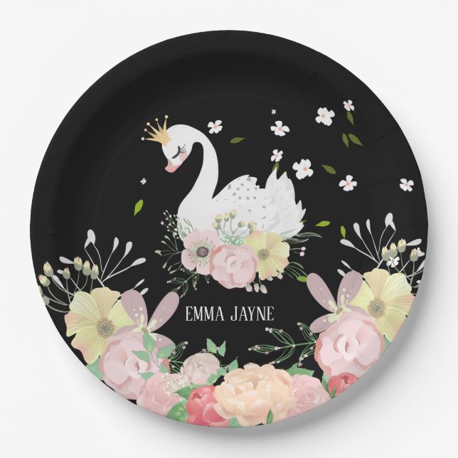 Assiettes En Carton Plaques de papier d'anniversaire de cygne floral W (Devant)