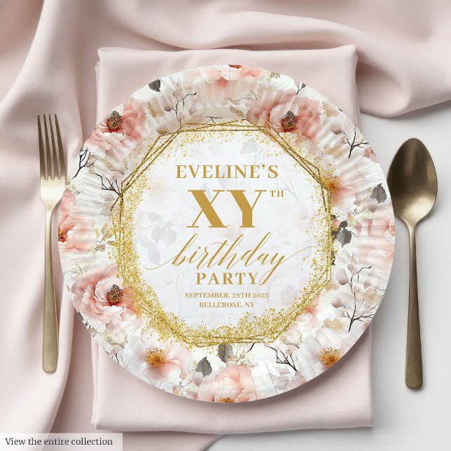 Assiettes En Carton Plaques de papier d'anniversaire en or d'ivoire fl (Feminine Floral Ivory Gold Birthday Paper Plates

)