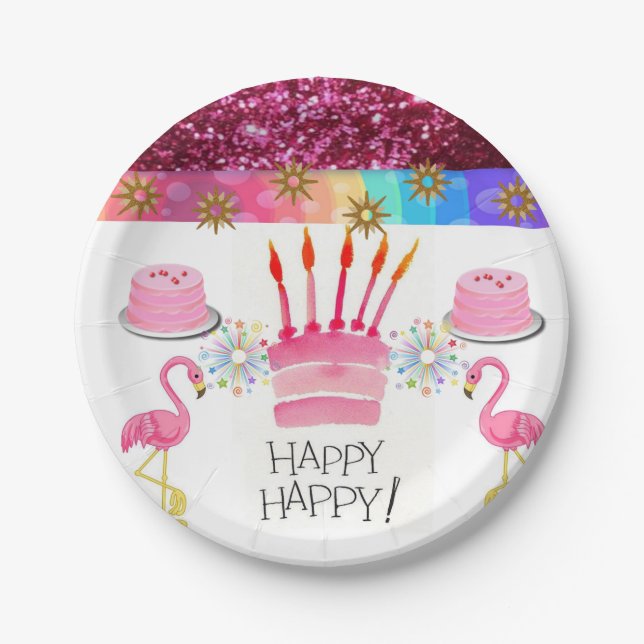 Assiettes En Carton Plaques de papier d'anniversaire, Flamant rose (Devant)
