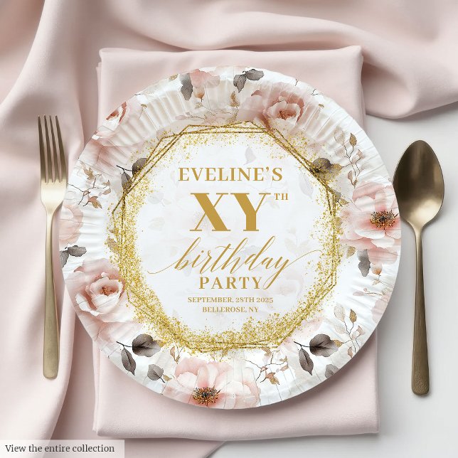 Assiettes En Carton Plaques de papier d'anniversaire rose pâle (Glamorous Dusty Pink Floral Birthday Paper Plates

)