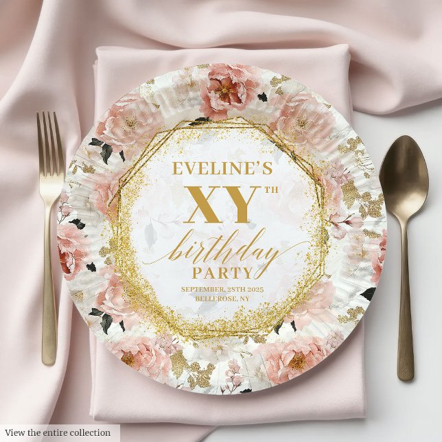 Assiettes En Carton Plaques de papier d'anniversaire rose pâle (Glamorous Dusty Pink Floral Birthday Paper Plates

)