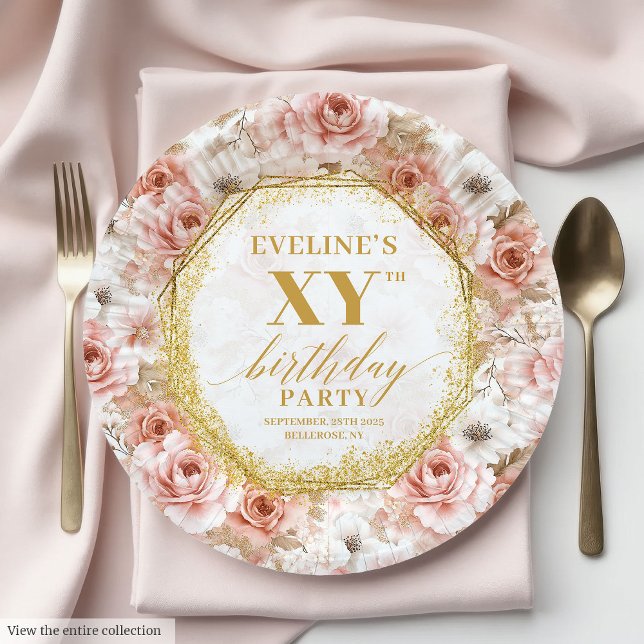 Assiettes En Carton Plaques de papier d'anniversaire rose pâle (Glamorous Dusty Pink Floral Birthday Paper Plates

)
