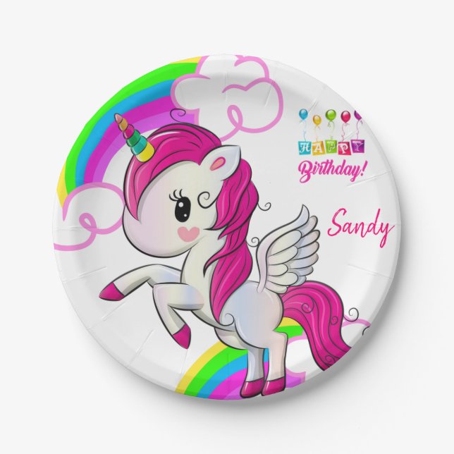 Assiettes En Carton Plaques de papier d'anniversaire, Unicorne (Devant)
