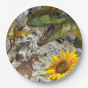 Assiettes En Carton Plaques de papier de dinosaure floral de tournesol