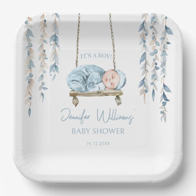 Assiettes En Carton Plaques de papier de douche pour bébé bleu bohème (Recto)