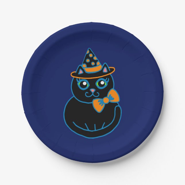Assiettes En Carton Plaques de papier d'Halloween Chat noir rétro (Devant)