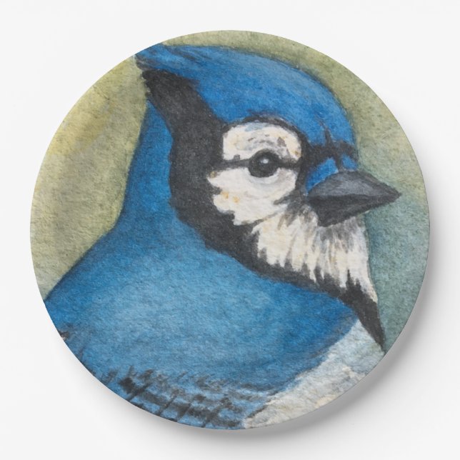 Assiettes En Carton Plaques de papier gris bleu Aquarelle Oiseau bleu (Devant)