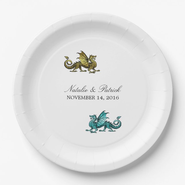Assiettes En Carton Plaques de papier Mariage Dragon Turquoise Or (Devant)