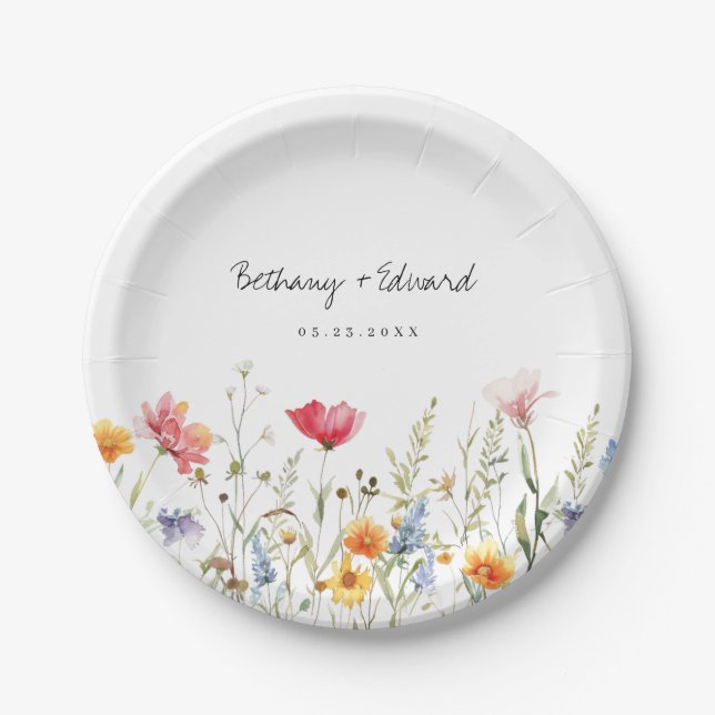 Assiettes En Carton Plaques de papier Mariage Fleur sauvage Aquarelle (Devant)