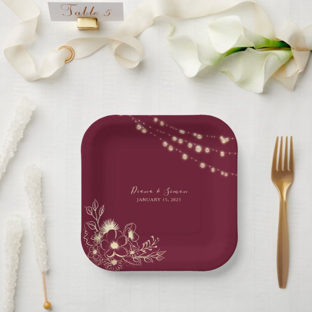 Assiettes En Carton Plaques de papier Mariage Floral Or Bourgogne (Mariage)