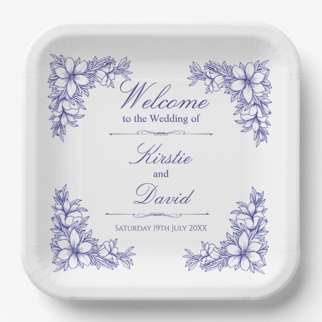 Assiettes En Carton Plaques de papier Mariage Floral Orné Bleu (Recto)
