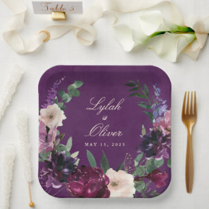 Assiettes En Carton Plaques de papier Mariage floral pourpre d'aubergi