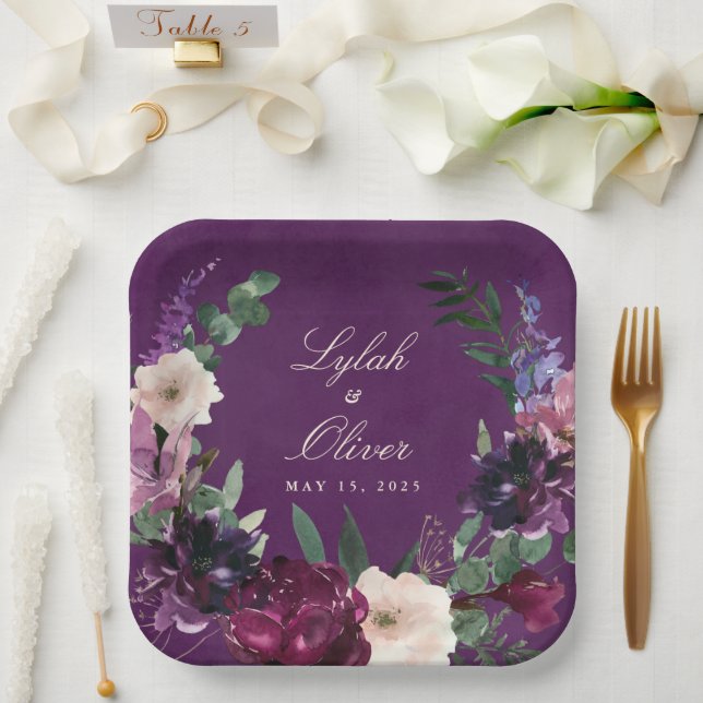 Assiettes En Carton Plaques de papier Mariage floral pourpre d'aubergi (Mariage)