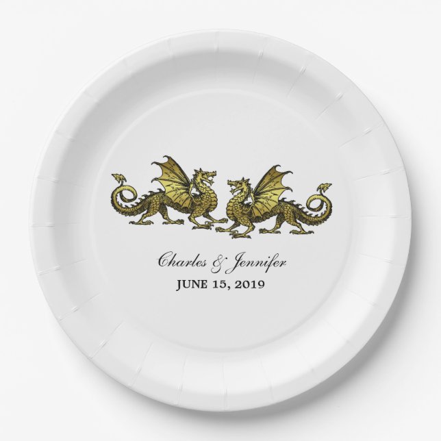 Assiettes En Carton Plaques de papier Mariage Gold Elegant Dragons (Devant)