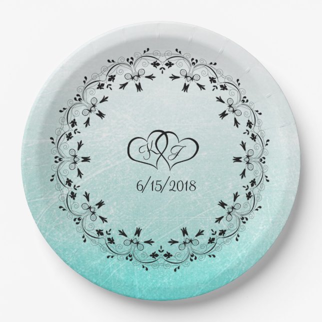 Assiettes En Carton Plaques de papier Mariage personnalisées turquoise (Devant)