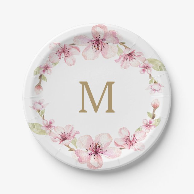 Assiettes En Carton Plaques de papier monogramme Cherry Blossom (Devant)