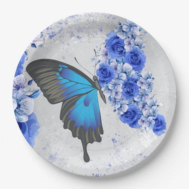 Assiettes En Carton Plaques de papier rond papillon floral bleu (Devant)