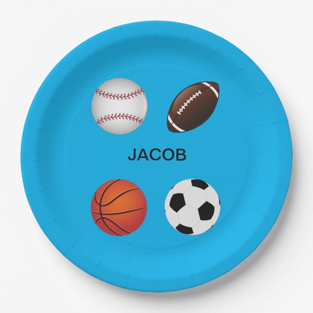 ASSIETTES EN CARTON PLAQUES DE PAPIER "SPORTS" AVEC NOM D'ENFANT. (Devant)