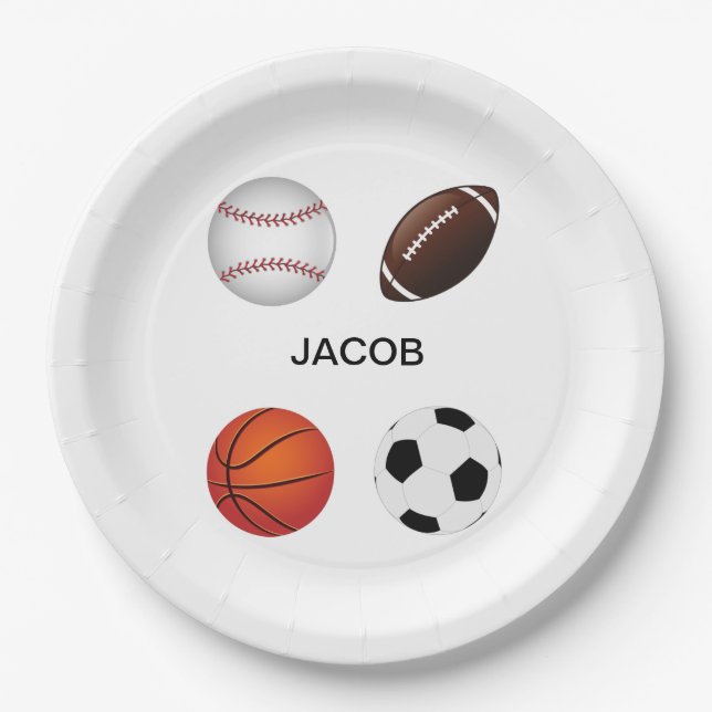 ASSIETTES EN CARTON PLAQUES DE PAPIER "SPORTS" AVEC NOM D'ENFANT. (Devant)