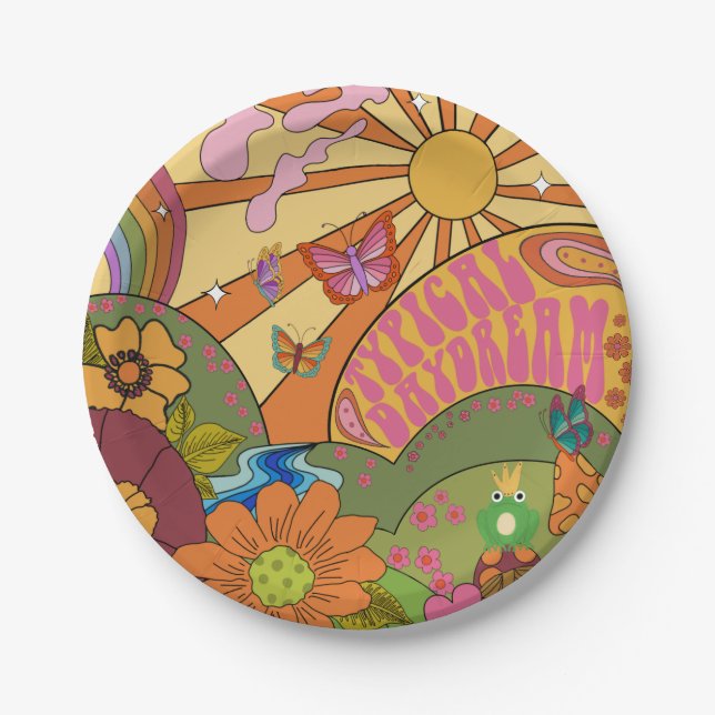 Assiettes En Carton Plaques de papier Super rétros psychédélique (Devant)