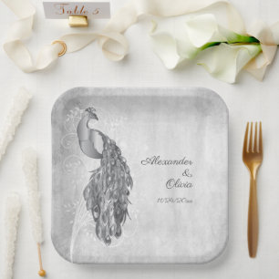 Assiettes En Carton Plaques de papier Wedding shower Peacock Argent
