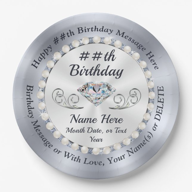 Assiettes En Carton Plaques, diamants et perles d'anniversaire personn (Devant)