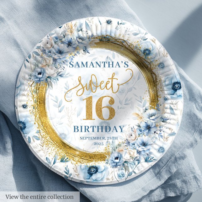 Assiettes En Carton Plaques dorées en Sweet sixteen bleu Dusty (Glamorous Sweet Sixteen Dusty Blue Gold Plates

)