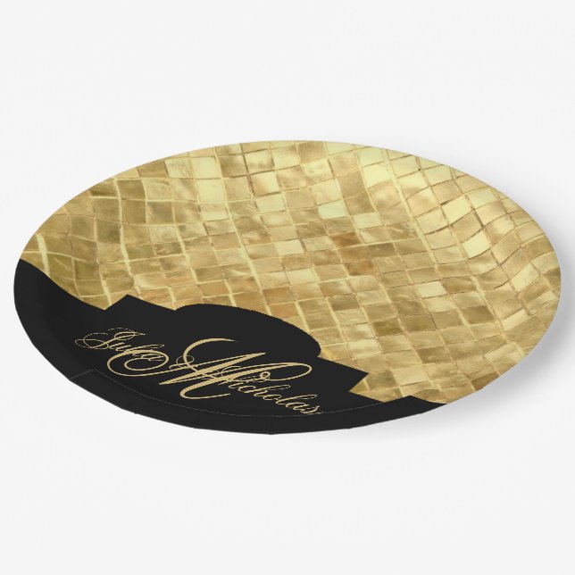 Assiettes En Carton Plaques du 50e anniversaire Monogramme Noir & Or (Angle)