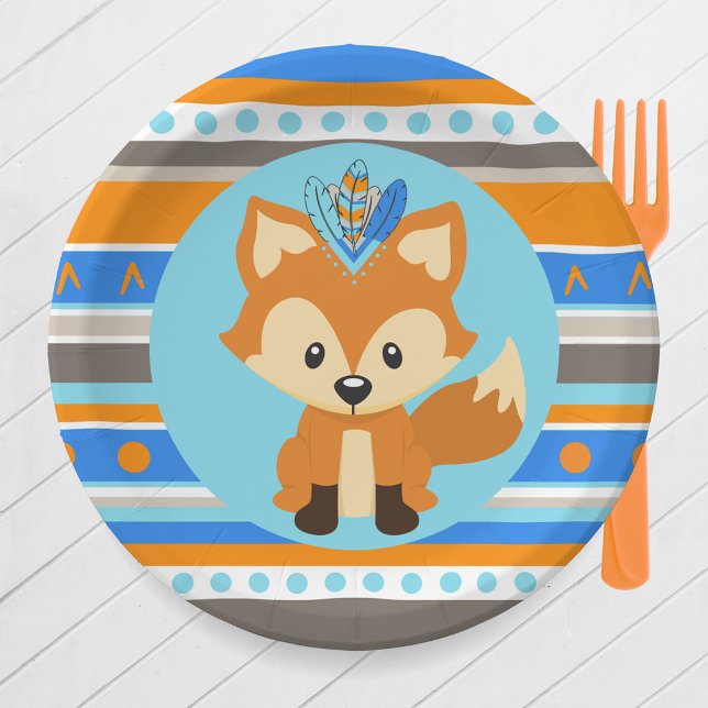 Assiettes En Carton Plaques en papier à motif bleu bois renard (Tribal Woodland Forest Fox Party Paper Plates in Royal Blue, Baby Blue. Orange, Brown & Tan)