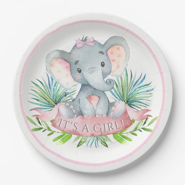 Assiettes En Carton Plaques en papier Baby shower Eléphant pour filles (Devant)