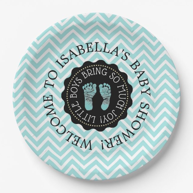 Assiettes En Carton Plaques en papier Chevron Turquoise Baby shower pe (Devant)
