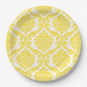 Assiettes En Carton Plaques en papier Damas jaune et blanc