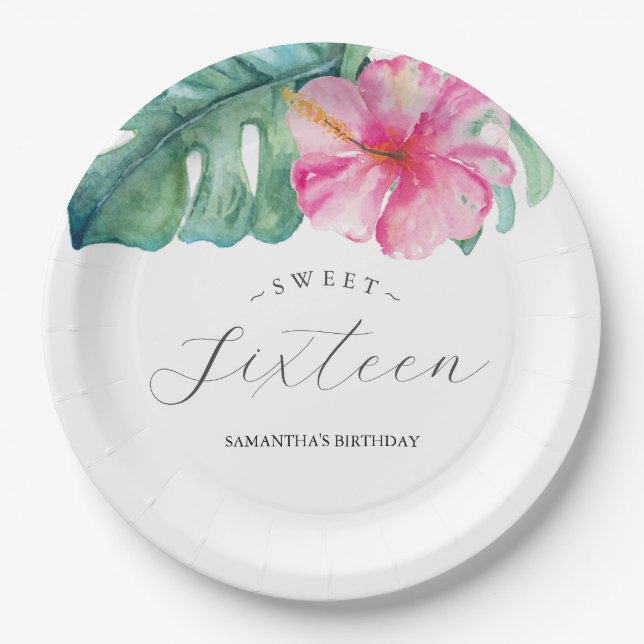 Assiettes En Carton Plaques en papier d'anniversaire Sweet 16 Tropical (Devant)