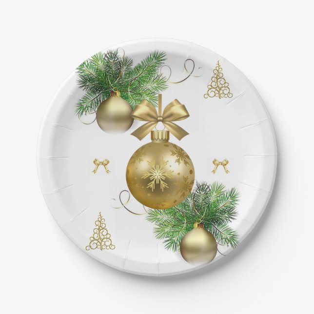 Assiettes En Carton Plaques en papier de Noël, boules d'or (Devant)